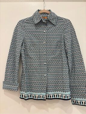 Tory Burch Blue Geometric T Logo Print Button Down Shirt Size 8 Cotton Blend